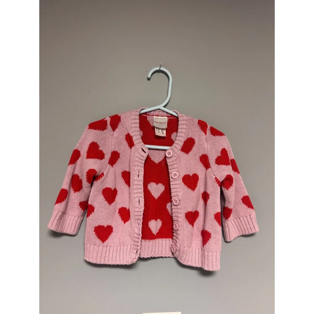 Hanna Andersson Pink Red Heart Cotton Cardigan Sweater 6-12 Month 70cm Valentine